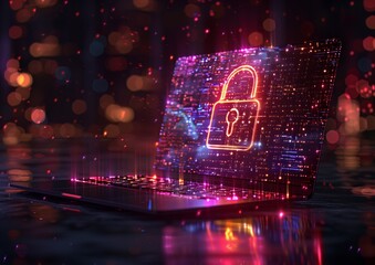 Un holograma luminoso de un candado emerge de la pantalla de un portátil, un símbolo vibrante de protección digital en un mundo inundado de corrientes de datos centelleantes.