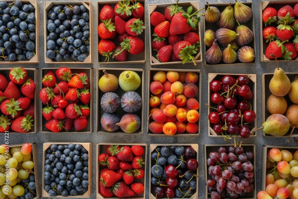 Poster various fruits neatly arranged in boxes. suitable for healthy eating concepts