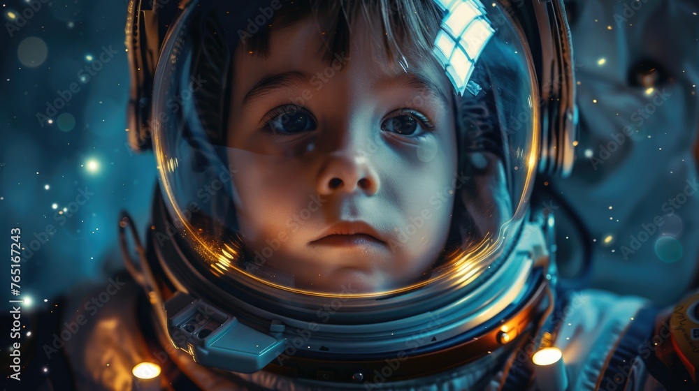 Poster a little boy in a space suit looking directly at the camera. suitable for educational materials or s