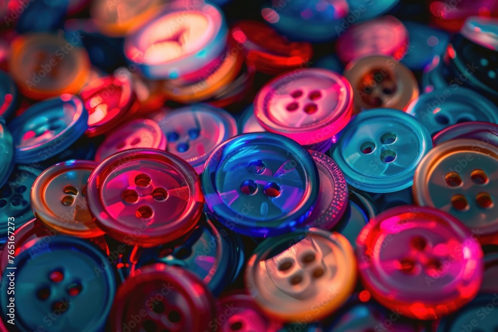 Poster a pile of colorful buttons on a table, ideal for crafting projects