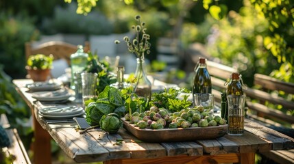 A rustic wooden table set outdoors with fresh Brussels sprouts still on the stalk, surrounded by farm-fresh vegetables, showcasing a farm-to-table dining experience
