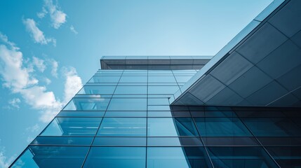 Fototapeta na wymiar Modern glass office building, upward perspective. Clear blue sky with clouds reflected in skyscraper windows.
