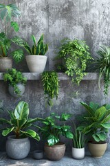 Group of potted plants on a ledge, suitable for interior design projects