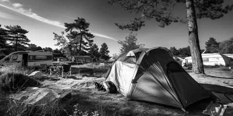 A black and white photo of a tent in the woods. Suitable for outdoor and camping themes