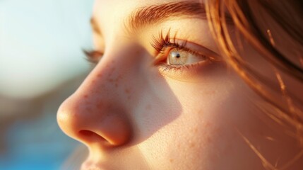 Fototapeta premium Close-up photo of a young woman with sun-kissed freckles and blue eyes, gazing sideways. Her face is illuminated by the sun, and her softly lit hair contrasts against a blurry blue sky background.