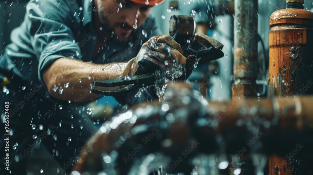 Poster a man in a hard hat working on a pipe. suitable for construction and industrial concepts