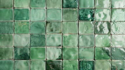 Detailed view of a green tiled wall, suitable for backgrounds and textures