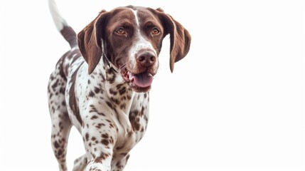 A brown and white dog standing on top of a white floor. Suitable for pet care or animal shelter themes - obrazy, fototapety, plakaty