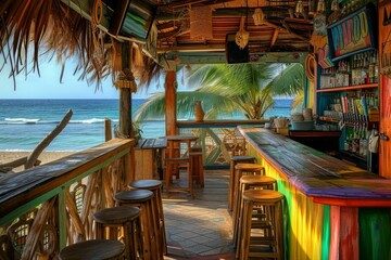 Fototapeta premium Beach bar sunset tropical. Night light. Generate Ai