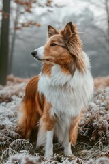 A brown and white dog standing on a snowy field. Suitable for winter themes
