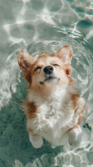 Dog floating in a body of water. Relaxed moment. Pet vacation concept.