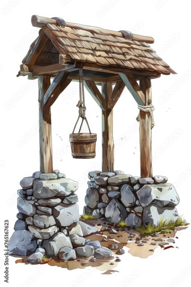 Poster a well with a bucket hanging from the roof. suitable for various design projects