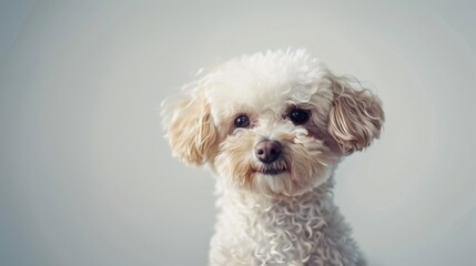 A small white dog sitting on top of a table. Suitable for pet-related designs