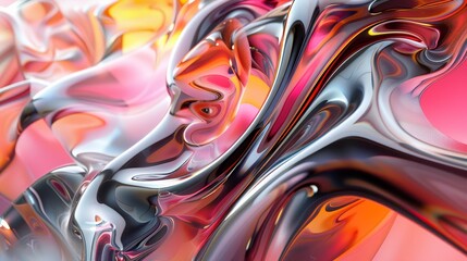Abstract colorful liquid and glass shapes interaction. Digital art wallpaper with vibrant pink, orange, and silver tones.