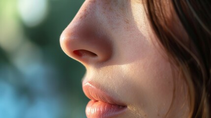 Close-up of a womans fair skin with freckled nose and parted lips, set against a warm blurred background in natural light. Portrait shot showcasing delicate features and natural beauty.