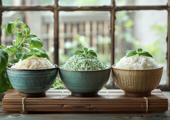En una cocina tranquila, tres boles sobre una esterilla de bambú ofrecen una disposición zen de arroz, simbolizando la pureza, la simplicidad y el arte de comer con atención. - obrazy, fototapety, plakaty