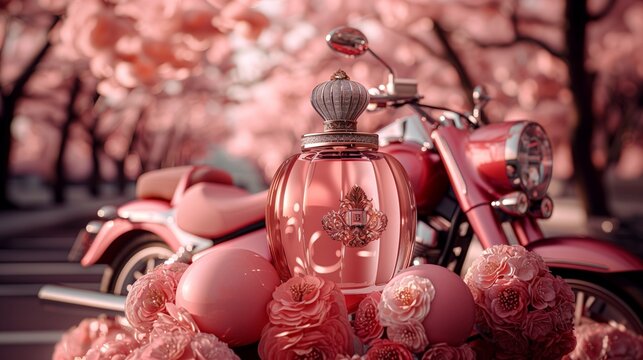 Un delicado frasco de perfume, adornado con emblemas reales, se sitúa con gracia en medio de un rubor de rosas, con el espíritu de la aventura simbolizado por una motocicleta clásica.