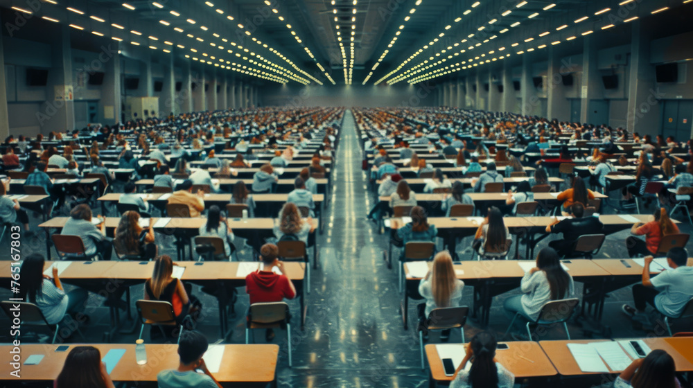 Poster a large hall filled with rows of desks and students taking an exam.