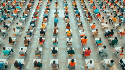Fototapeta premium A large hall filled with rows of desks and students taking an exam.