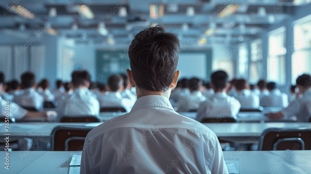 Poster a teacher's back view with rows of students in uniforms facing a blackboard.