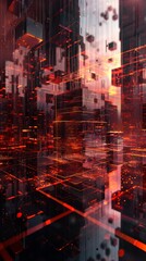 Abstract digital landscape with red and black geometrical patterns. Futuristic city concept for technology and cyber design