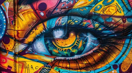 A close-up of a graffiti-covered wall with an eye painted on it. The eye is blue and has a lot of detail.