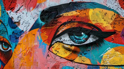 A close-up of a graffiti-covered wall with an eye painted on it. The eye is blue and has a black pupil.