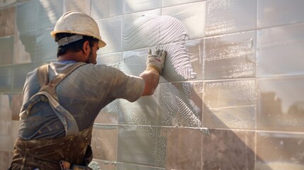 A man in overalls and a hard hat plastering a wall. Ideal for construction and renovation projects - obrazy, fototapety, plakaty