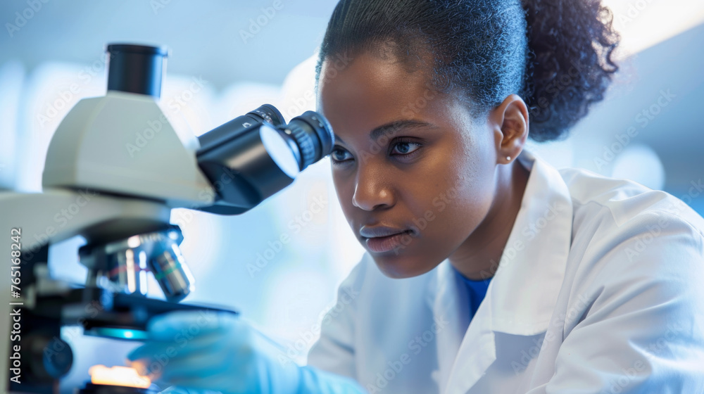 Aufkleber a scientist is examining a specimen through a microscope in a modern laboratory setting.