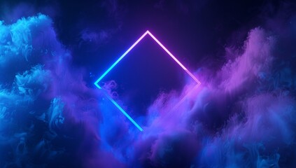 abstract cloud illuminated with neon light square frame on dark background with copy space for text and foggy atmosphere Generative AI