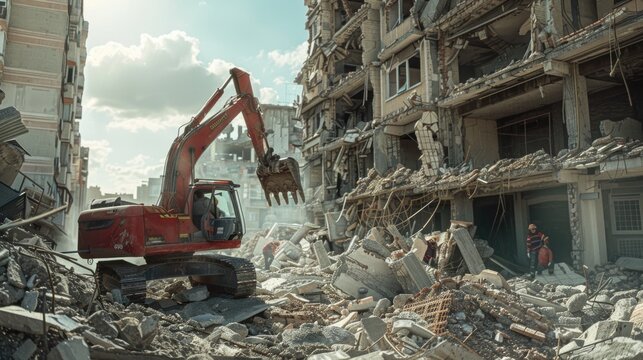 An image of a red excavator digging through a pile of rubble. Suitable for construction and industrial concepts