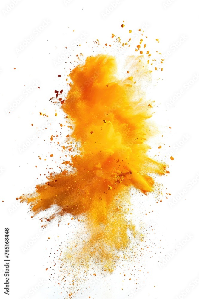 Poster Vibrant yellow powder exploding on a clean white backdrop, perfect for adding a pop of color to your design projects