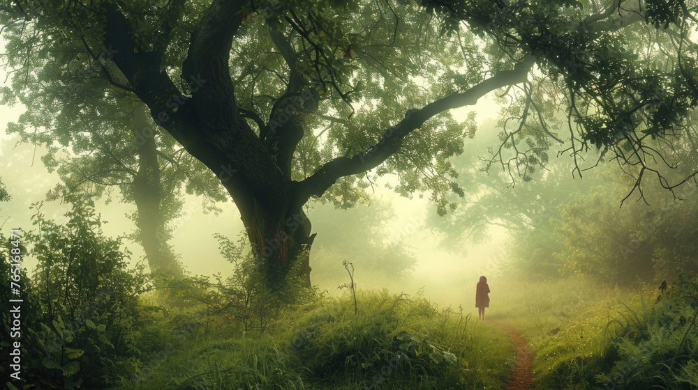 Poster a person standing alone in the middle of a forest. suitable for nature or solitude concepts