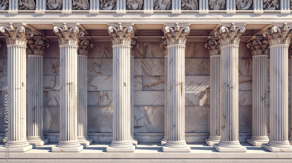 Poster row of white marble pillars in front of a building, ideal for architectural projects
