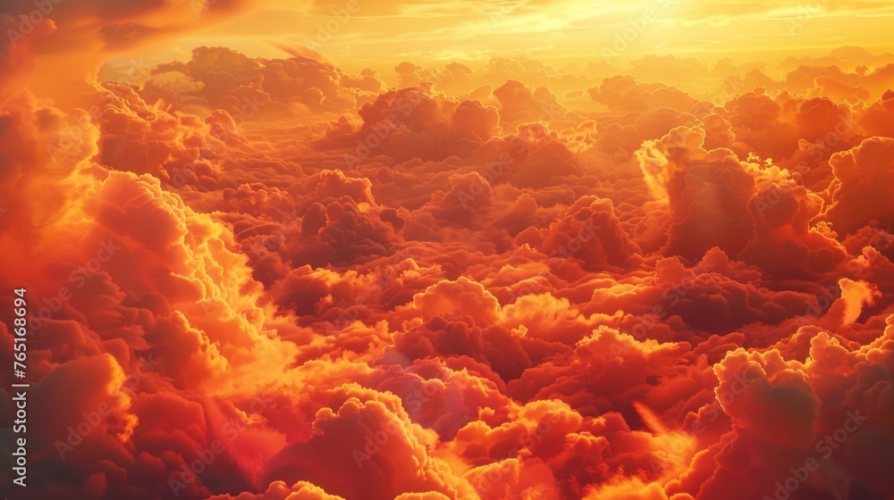 Poster a picturesque view of the setting sun above the clouds. ideal for backgrounds or travel-related desi