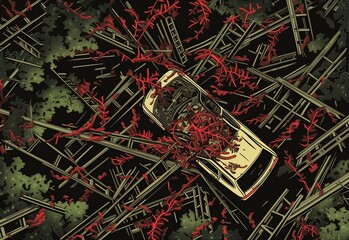 Surreal colored woodcut print of a wrecked automobile intertwined withered and green vines and metal ladders, chaotic scene. From the series “Abstract Noir.”