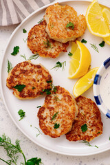 Norwegian fish cakes with tartar sauce.top veiw