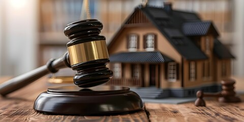 Legal Issues Related to Home Ownership: Gavel on Table in Front of House Model. Concept Legal Issues, Home Ownership, Gavel, House Model, Real Estate - obrazy, fototapety, plakaty