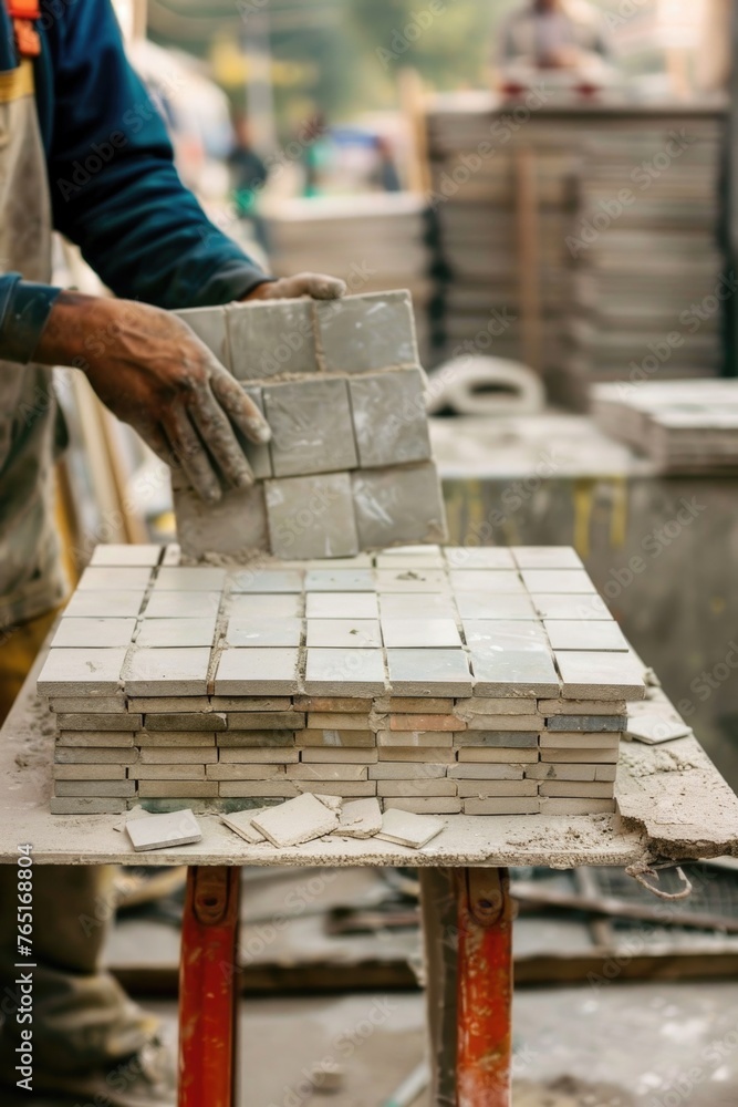 Poster A man working with tiles on a table, perfect for construction projects