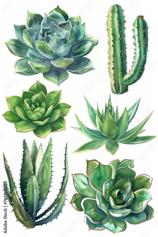 Poster a variety of succulents and cactuses on a plain white background. ideal for botanical projects