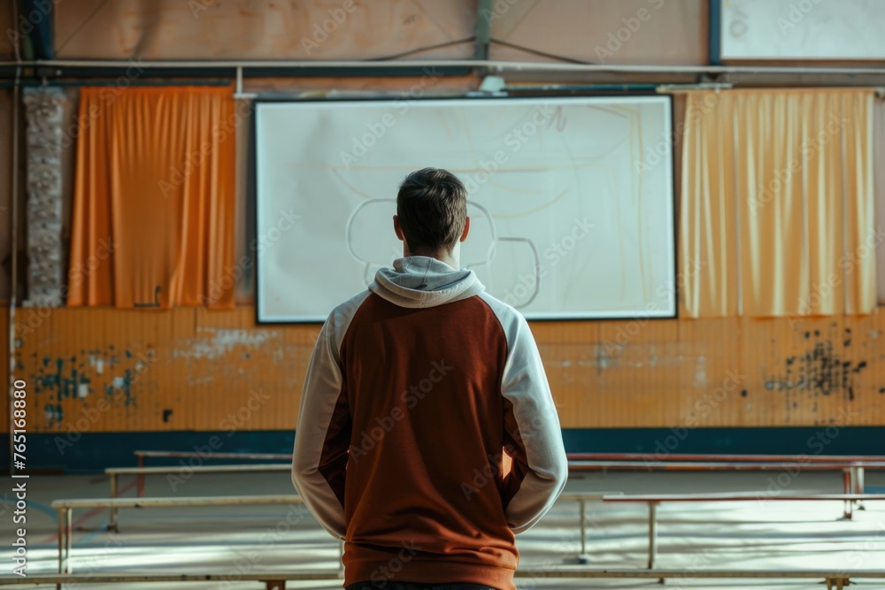 Aufkleber a man standing in front of a projection screen. suitable for business presentations