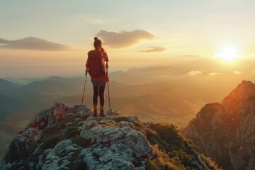 A breathtaking view of a person standing on top of a mountain at sunset. Perfect for outdoor enthusiasts and travel blogs - obrazy, fototapety, plakaty