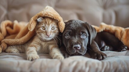 Kitten and puppy in cozy onesies lying on a soft blanket. Home comfort and cute pet concept for poster or invitation