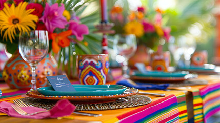 Festive Cinco de Mayo Celebration Table Decorated with Vibrant Colors, Traditional Mexican Culture Symbols, Delicious Food, Margarita Cocktails, and Fun Party Accessories
