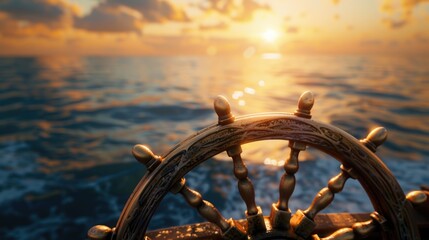 Close-up of a steering wheel on a boat in the ocean. Ideal for nautical or travel themes - obrazy, fototapety, plakaty