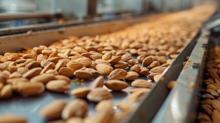 A conveyor belt filled with various nuts. Suitable for industrial and manufacturing concepts - obrazy, fototapety, plakaty