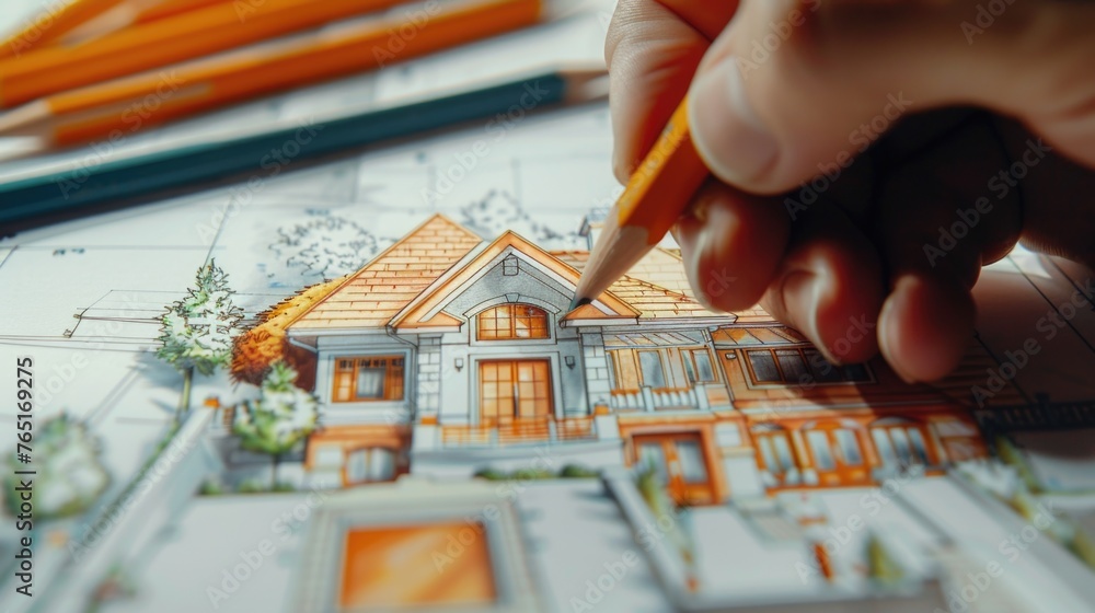 Poster Person drawing a house on paper, suitable for architecture concepts