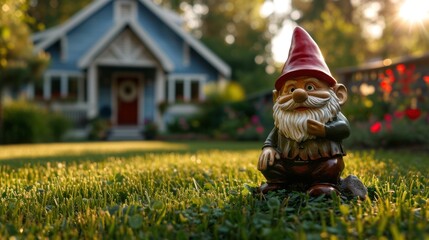 A garden gnome sits on a grass lawn in front of a blue house. - obrazy, fototapety, plakaty