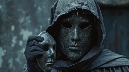 A man in a hooded jacket holding a skull. Suitable for Halloween or horror-themed designs