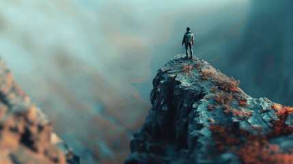 A man standing on the edge of a cliff. Suitable for adventure and travel concepts - obrazy, fototapety, plakaty